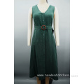 Women Elegant Sleeveless Buckle Belt V-neck Dress